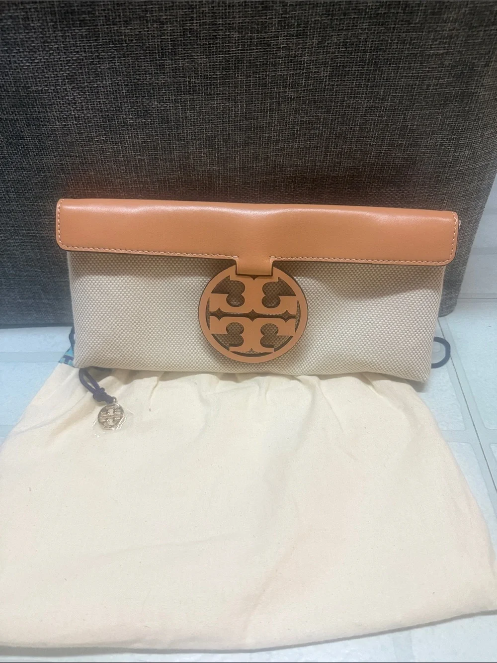 Tory Burch Beige Canvas Clutch with Tan Leather Trim and Logo (Miller Clutch)